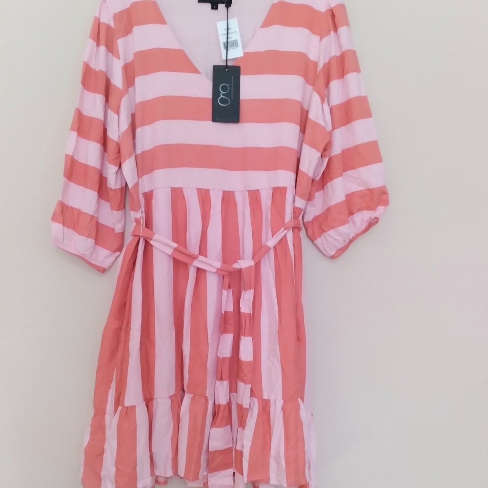 NWT Gibsonlook Womens Blissful Blouson Sleeve Dress Pink Coral Ruffle Hem L - Picture 2 of 11